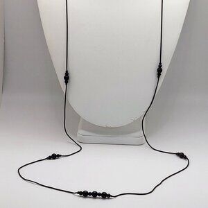 Long 42" Black Coated Station Necklace Snake Chain Black Beads